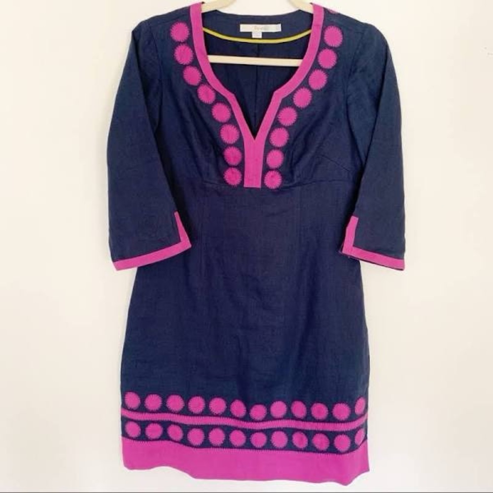 Boden Linen Dress Womens 6 Embroidered Appliques Blue & Purple Shift 3/4 Sleeve